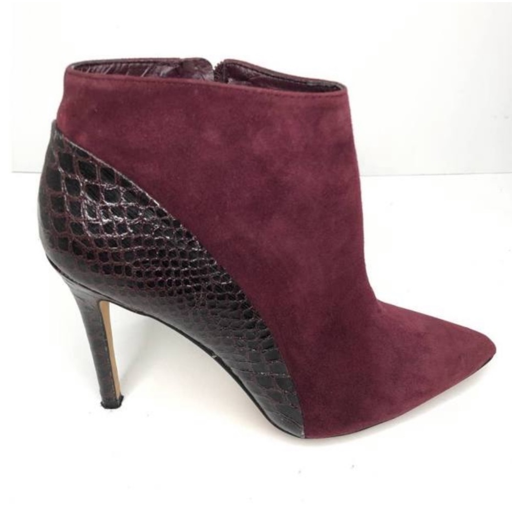 Vince Camuto Kasi Snake Print Suede Booties Wine